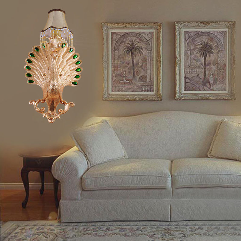 1 Light Fabric Wall Sconce Light Minimalist White Paneled Bell Living Room Wall Lamp with Gold Peacock Decoration Gold Clearhalo 'Wall Lamps & Sconces' 'Wall Lights' Lighting' 228830