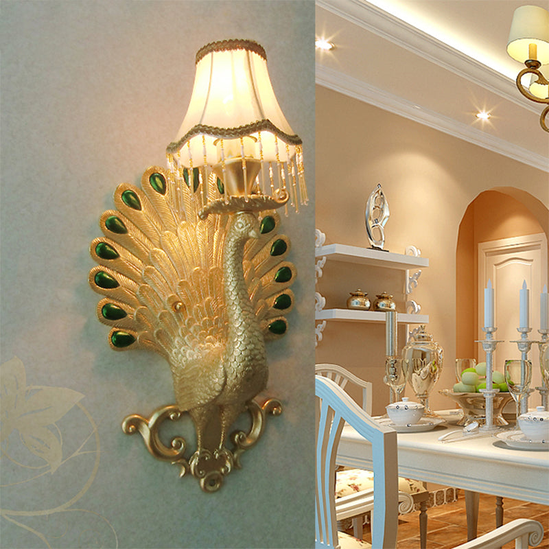 1 Light Fabric Wall Sconce Light Minimalist White Paneled Bell Living Room Wall Lamp with Gold Peacock Decoration Clearhalo 'Wall Lamps & Sconces' 'Wall Lights' Lighting' 228831