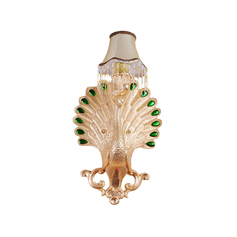 1 Light Fabric Wall Sconce Light Minimalist White Paneled Bell Living Room Wall Lamp with Gold Peacock Decoration Clearhalo 'Wall Lamps & Sconces' 'Wall Lights' Lighting' 228832