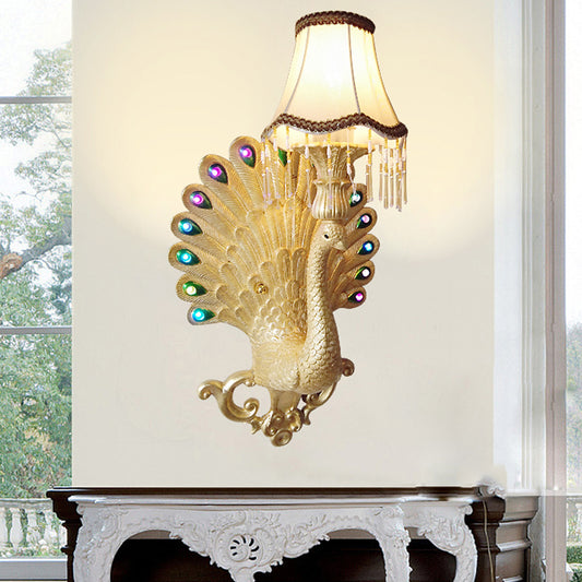 Gold Peacock Wall Light Fixture Southeast Asia Style Resin 1 Light Living Room Sconce Lamp with Scallop Shade Clearhalo 'Wall Lamps & Sconces' 'Wall Lights' Lighting' 228836