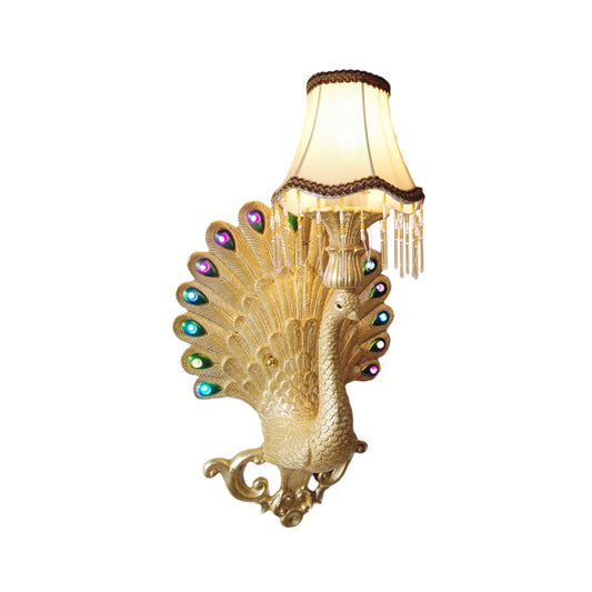 Gold Peacock Wall Light Fixture Southeast Asia Style Resin 1 Light Living Room Sconce Lamp with Scallop Shade Clearhalo 'Wall Lamps & Sconces' 'Wall Lights' Lighting' 228837