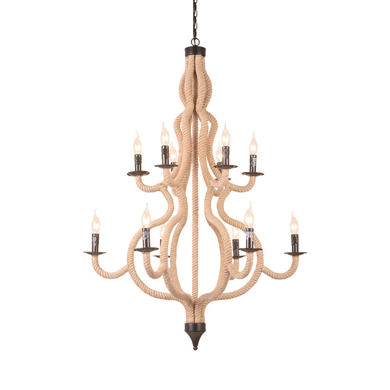 12 Bulbs Candle Ceiling Chandelier Rustic Metal Suspended Lighting Fixture in Beige Clearhalo 'Ceiling Lights' 'Chandeliers' 'Modern Chandeliers' 'Modern' Lighting' 228845