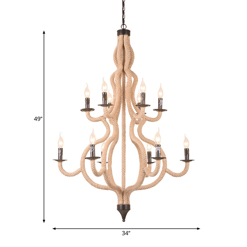 12 Bulbs Candle Ceiling Chandelier Rustic Metal Suspended Lighting Fixture in Beige Clearhalo 'Ceiling Lights' 'Chandeliers' 'Modern Chandeliers' 'Modern' Lighting' 228846