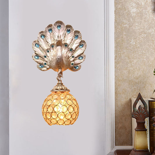 Dome Metal and Crystal Wall Light Antique Style 1 Light Corridor Wall Sconce Light with Silver Peacock Backplate Clearhalo 'Wall Lamps & Sconces' 'Wall Lights' Lighting' 228872