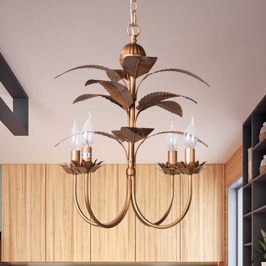Spur Pendant Chandelier Traditional Metal 4 Bulbs Brass Hanging Ceiling Light with Leaves Clearhalo 'Ceiling Lights' 'Chandeliers' Lighting' options 228876
