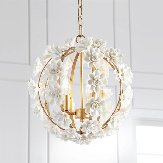Gold Globe Ceiling Chandelier Modernism Metal 3 Heads Hanging Light Fixture with White Flowers Clearhalo 'Ceiling Lights' 'Chandeliers' Lighting' options 228889