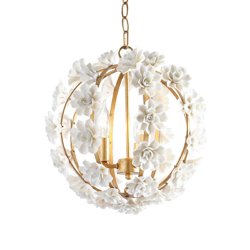 Gold Globe Ceiling Chandelier Modernism Metal 3 Heads Hanging Light Fixture with White Flowers Clearhalo 'Ceiling Lights' 'Chandeliers' Lighting' options 228890