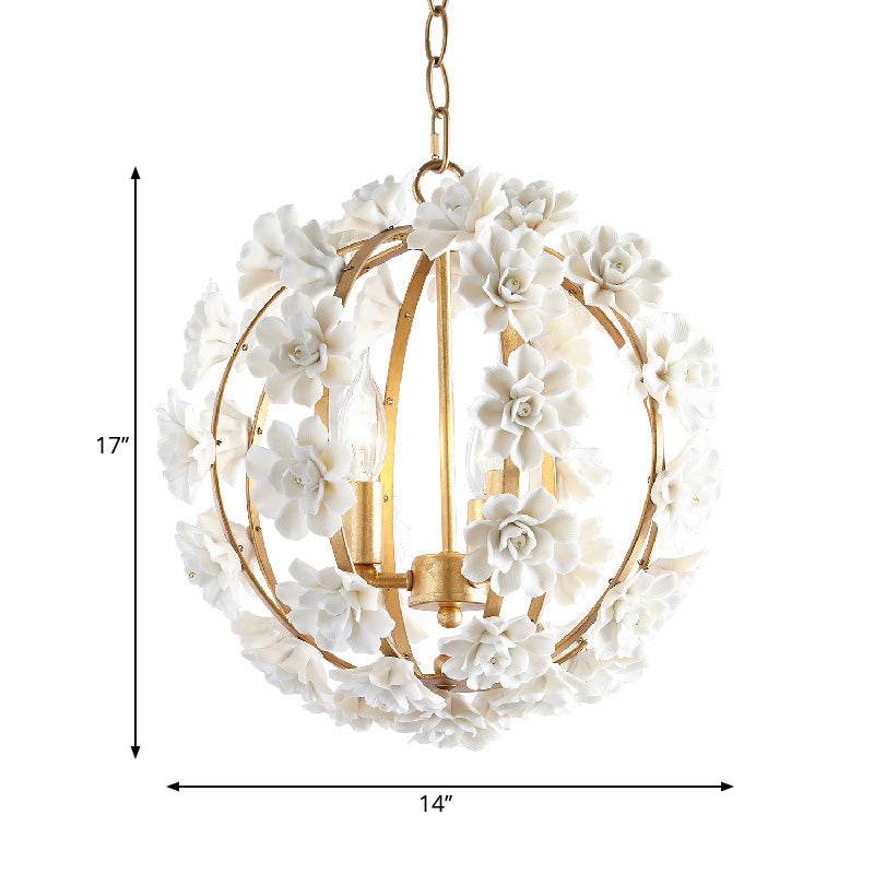 Gold Globe Ceiling Chandelier Modernism Metal 3 Heads Hanging Light Fixture with White Flowers Clearhalo 'Ceiling Lights' 'Chandeliers' Lighting' options 228891