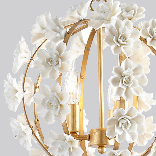 Gold Globe Ceiling Chandelier Modernism Metal 3 Heads Hanging Light Fixture with White Flowers Clearhalo 'Ceiling Lights' 'Chandeliers' Lighting' options 228892
