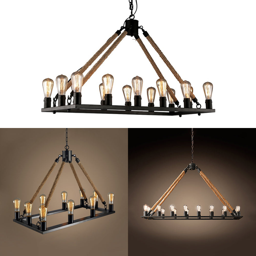 10/14 Lights Rectangle Hanging Lamp with Open Bulb Loft Style Black Metallic and Rope Island Lighting Clearhalo 'Ceiling Lights' 'Island Lights' Lighting' 22892