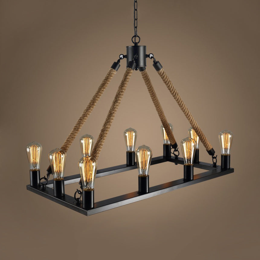 10/14 Lights Rectangle Hanging Lamp with Open Bulb Loft Style Black Metallic and Rope Island Lighting 10 Black Clearhalo 'Ceiling Lights' 'Island Lights' Lighting' 22893