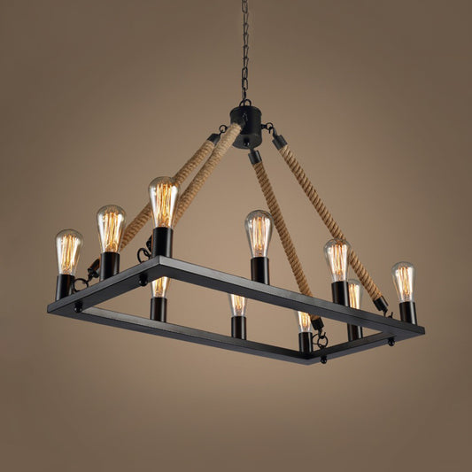 10/14 Lights Rectangle Hanging Lamp with Open Bulb Loft Style Black Metallic and Rope Island Lighting Clearhalo 'Ceiling Lights' 'Island Lights' Lighting' 22894
