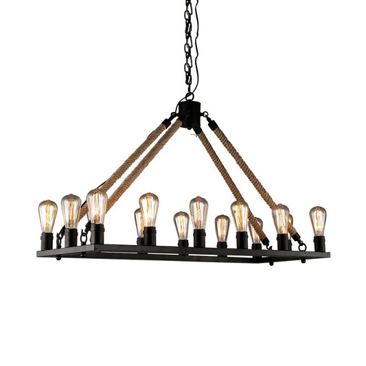 10/14 Lights Rectangle Hanging Lamp with Open Bulb Loft Style Black Metallic and Rope Island Lighting 14 Black Clearhalo 'Ceiling Lights' 'Island Lights' Lighting' 22895