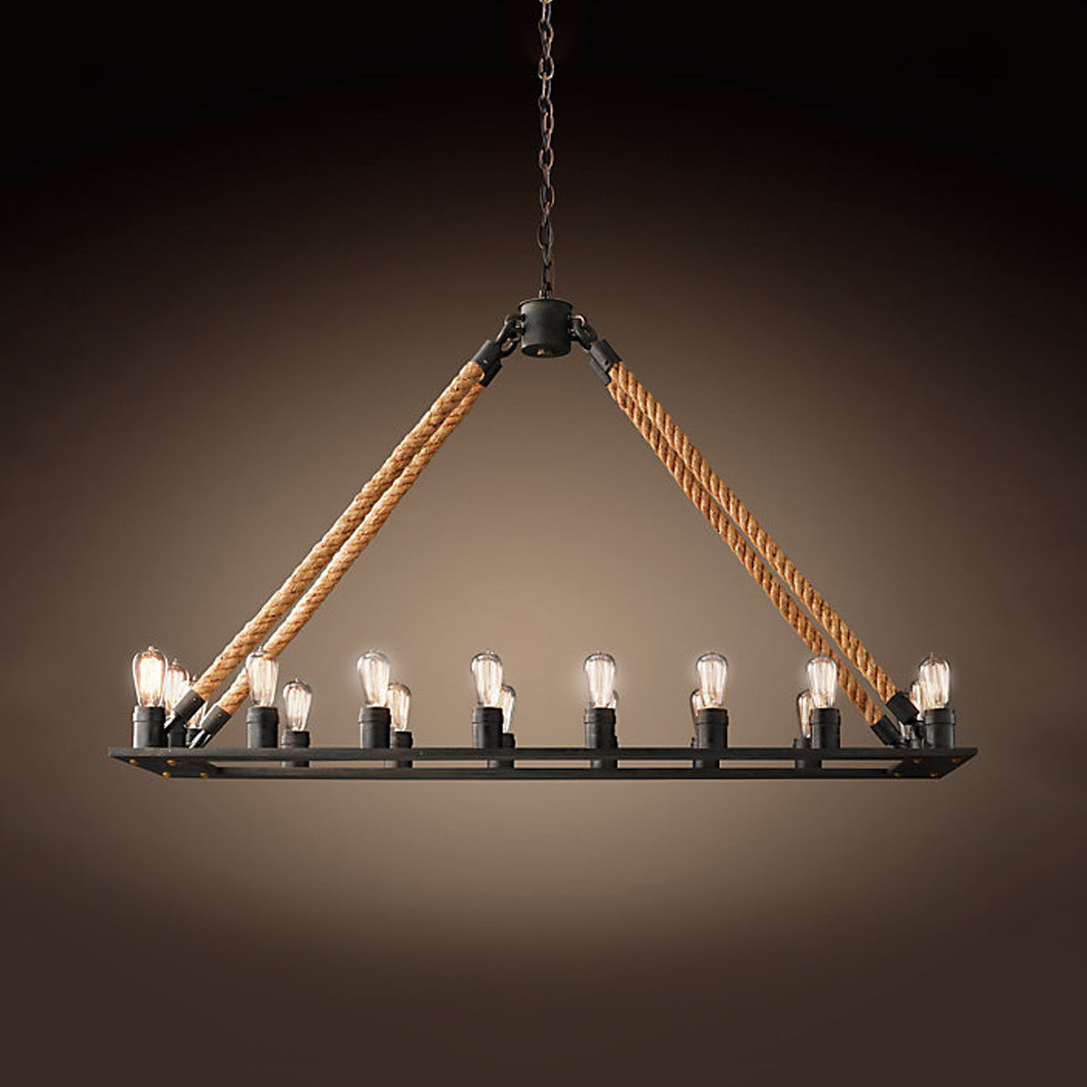 10/14 Lights Rectangle Hanging Lamp with Open Bulb Loft Style Black Metallic and Rope Island Lighting 18 Black Clearhalo 'Ceiling Lights' 'Island Lights' Lighting' 22896