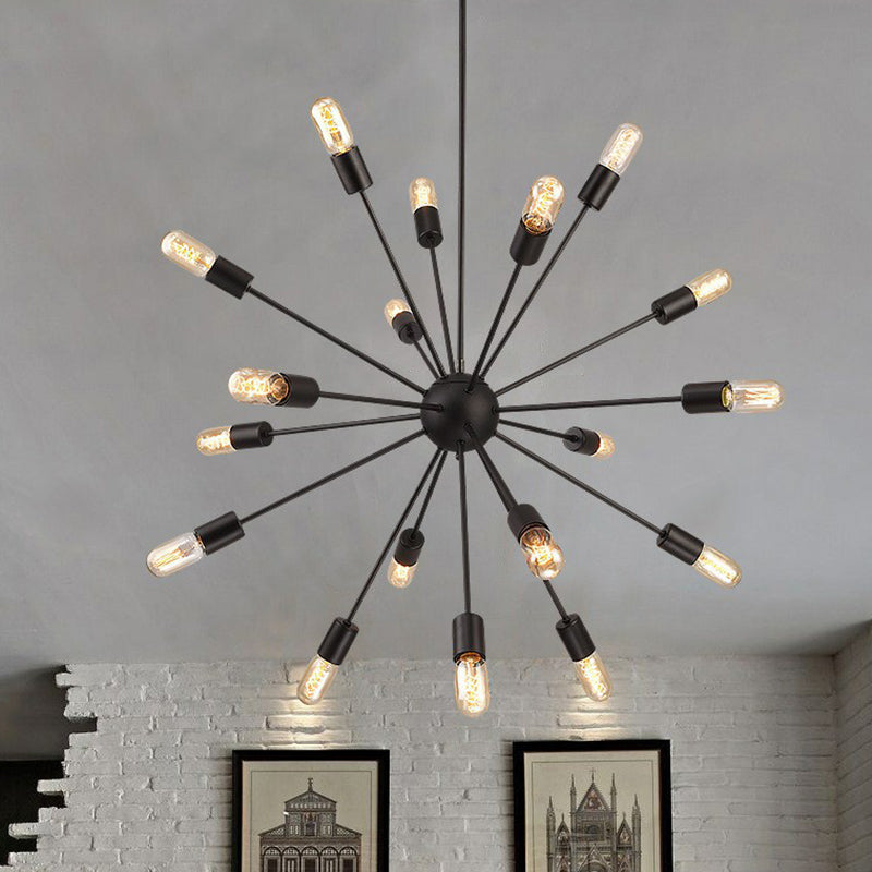 Iron Black Finish Pendant Chandelier Sunburst 18 Heads Industrial Suspension Light for Dining Room Black Clearhalo 'Cast Iron' 'Ceiling Lights' 'Chandeliers' 'Industrial Chandeliers' 'Industrial' 'Metal' 'Middle Century Chandeliers' 'Rustic Chandeliers' 'Tiffany' Lighting' 2289691