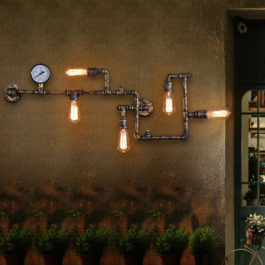 Piping Restaurant Wall Lighting Loft Metal 5 Lights Wall Lamp Fixture with Water Gauge Deco Bronze Clearhalo 'Art deco wall lights' 'Cast Iron' 'Glass' 'Industrial wall lights' 'Industrial' 'Middle century wall lights' 'Modern' 'Rustic wall lights' 'Tiffany' 'Traditional wall lights' 'Wall Lamps & Sconces' 'Wall Lights' Lighting' 2289767