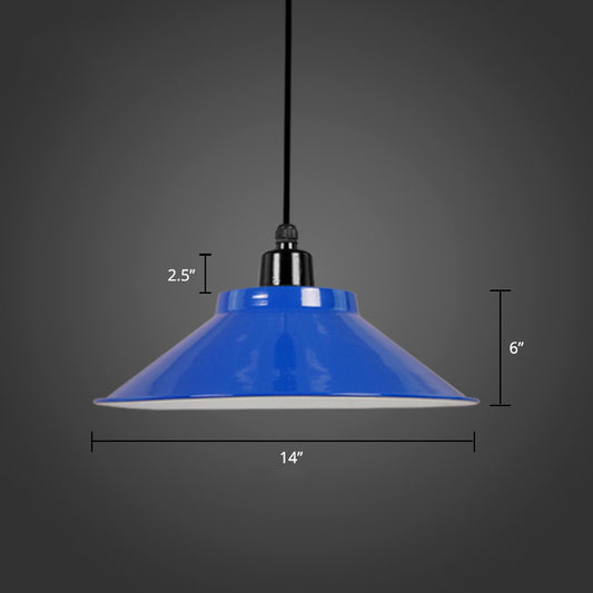 1-Light Ceiling Suspension Lamp Loft Conical Metal Hanging Light with Rolled Edge Blue 14" Clearhalo 'Art Deco Pendants' 'Black' 'Cast Iron' 'Ceiling Lights' 'Ceramic' 'Crystal' 'Industrial Pendants' 'Industrial' 'Metal' 'Middle Century Pendants' 'Pendant Lights' 'Pendants' 'Rustic Pendants' 'Tiffany' Lighting' 2289890