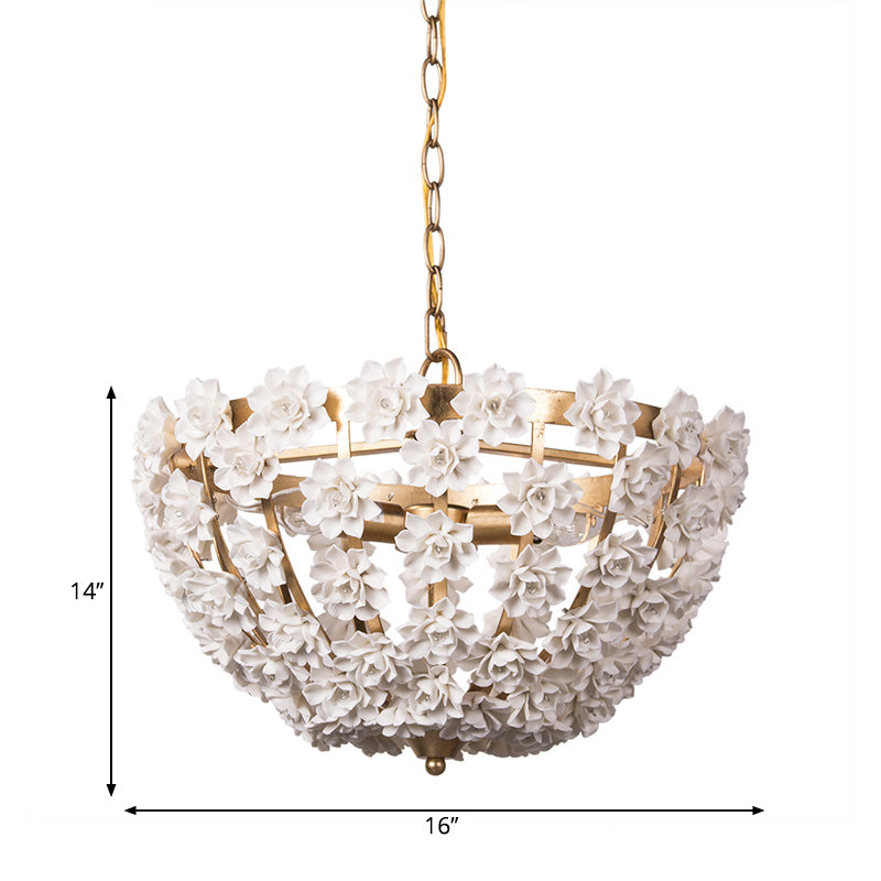 16"/19.5" Wide Hemisphere Chandelier Lighting Modern Metal Silver/Gold 3 Bulbs Hanging Ceiling Light with Ceramic Flowers Clearhalo 'Ceiling Lights' 'Chandeliers' Lighting' options 228996