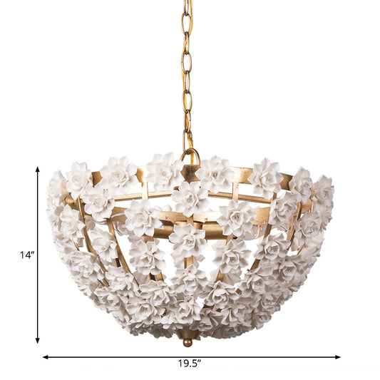 16"/19.5" Wide Hemisphere Chandelier Lighting Modern Metal Silver/Gold 3 Bulbs Hanging Ceiling Light with Ceramic Flowers Clearhalo 'Ceiling Lights' 'Chandeliers' Lighting' options 228997