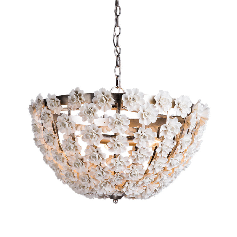 16"/19.5" Wide Hemisphere Chandelier Lighting Modern Metal Silver/Gold 3 Bulbs Hanging Ceiling Light with Ceramic Flowers Clearhalo 'Ceiling Lights' 'Chandeliers' Lighting' options 228999