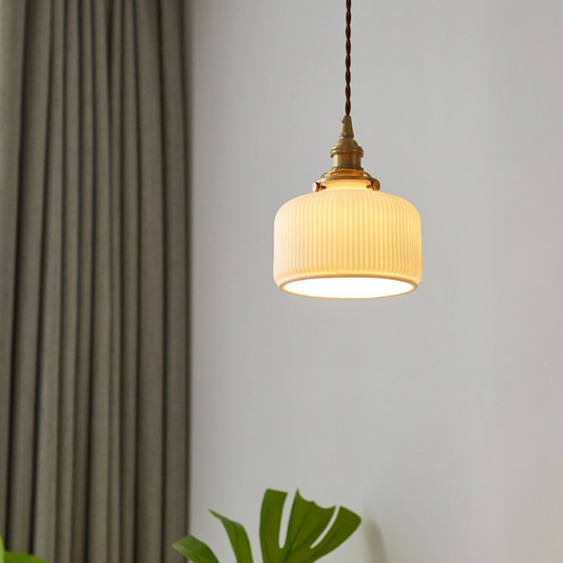 Retro Style Rounded Drum Suspension Lighting 1��Head Ceramic Pendant Ceiling Light in Brass Clearhalo 'Ceiling Lights' 'Glass shade' 'Glass' 'Industrial Pendants' 'Industrial' 'Middle Century Pendants' 'Pendant Lights' 'Pendants' 'Tiffany' Lighting' 2290015