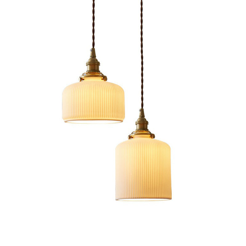 Retro Style Rounded Drum Suspension Lighting 1��Head Ceramic Pendant Ceiling Light in Brass Clearhalo 'Ceiling Lights' 'Glass shade' 'Glass' 'Industrial Pendants' 'Industrial' 'Middle Century Pendants' 'Pendant Lights' 'Pendants' 'Tiffany' Lighting' 2290019