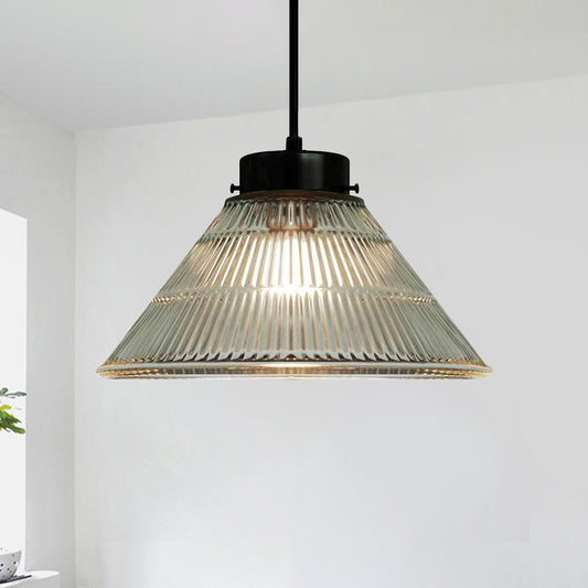 Tapered Clear Ribbed Glass Suspension Lighting Retro Style 1��Head Restaurant Pendant Ceiling Light Clear Clearhalo 'Ceiling Lights' 'Glass shade' 'Glass' 'Industrial Pendants' 'Industrial' 'Middle Century Pendants' 'Pendant Lights' 'Pendants' 'Tiffany' Lighting' 2290042