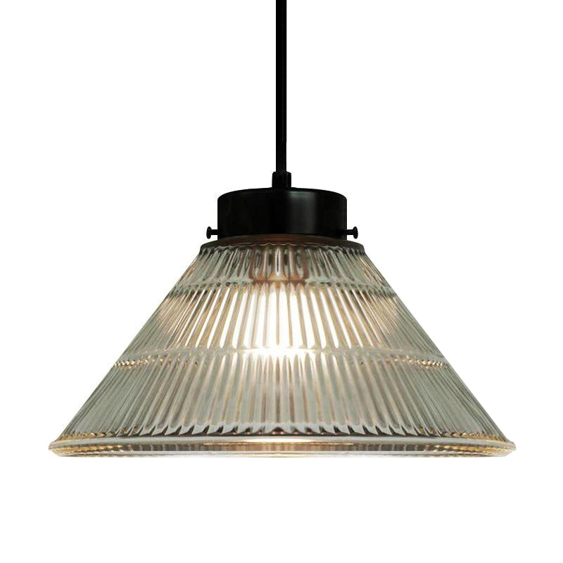 Tapered Clear Ribbed Glass Suspension Lighting Retro Style 1��Head Restaurant Pendant Ceiling Light Clearhalo 'Ceiling Lights' 'Glass shade' 'Glass' 'Industrial Pendants' 'Industrial' 'Middle Century Pendants' 'Pendant Lights' 'Pendants' 'Tiffany' Lighting' 2290044