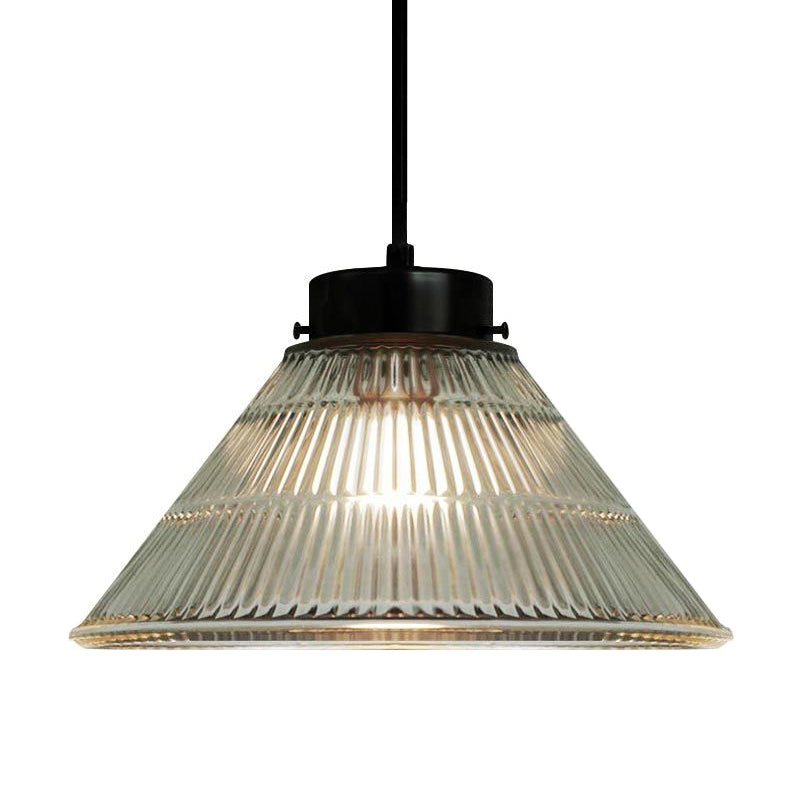 Tapered Clear Ribbed Glass Suspension Lighting Retro Style 1 Head Restaurant Pendant Ceiling Light Clearhalo 'Ceiling Lights' 'Lighting' 'Pendant Lights' 2290044_60741ca4-a0dc-4bbb-8a52-6d163e047ac9