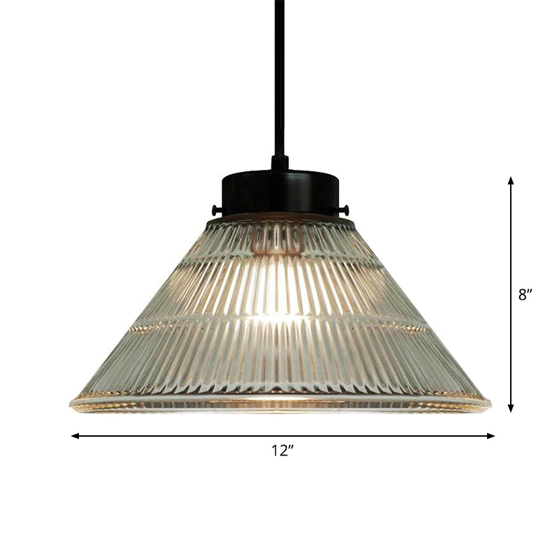Tapered Clear Ribbed Glass Suspension Lighting Retro Style 1��Head Restaurant Pendant Ceiling Light Clearhalo 'Ceiling Lights' 'Glass shade' 'Glass' 'Industrial Pendants' 'Industrial' 'Middle Century Pendants' 'Pendant Lights' 'Pendants' 'Tiffany' Lighting' 2290046