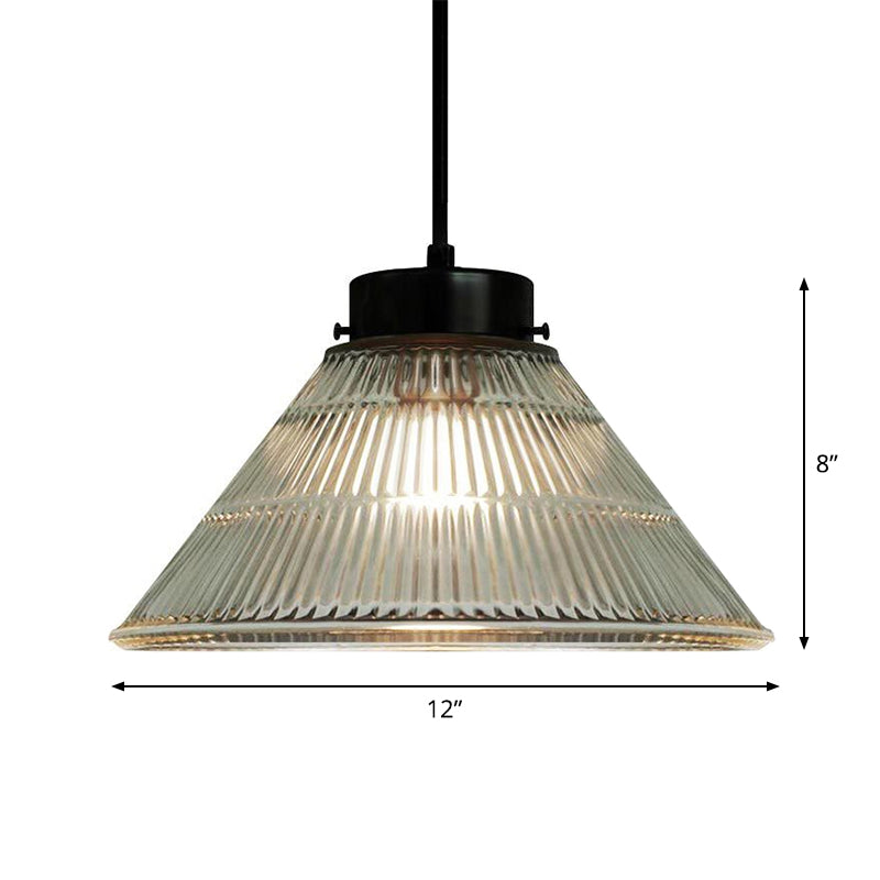 Tapered Clear Ribbed Glass Suspension Lighting Retro Style 1 Head Restaurant Pendant Ceiling Light Clearhalo 'Ceiling Lights' 'Lighting' 'Pendant Lights' 2290046_40b7f2ad-10ef-43ee-97ea-64f0708a3d86