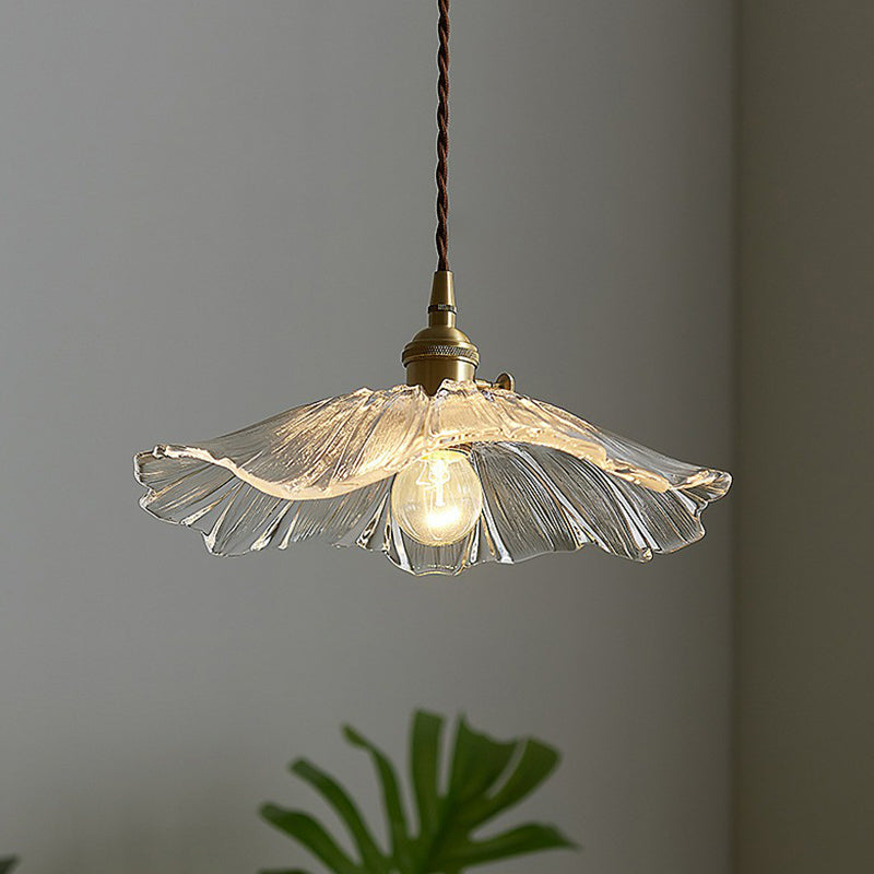 Antique Floral Pendant Light 1-Light Ruffle Glass Hanging Light Fixture for Restaurant Clearhalo 'Ceiling Lights' 'Glass shade' 'Glass' 'Industrial Pendants' 'Industrial' 'Middle Century Pendants' 'Pendant Lights' 'Pendants' 'Tiffany' Lighting' 2290047