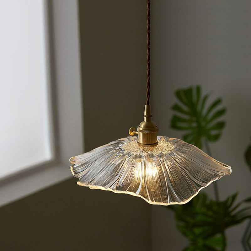 Antique Floral Pendant Light 1-Light Ruffle Glass Hanging Light Fixture for Restaurant Clearhalo 'Ceiling Lights' 'Glass shade' 'Glass' 'Industrial Pendants' 'Industrial' 'Middle Century Pendants' 'Pendant Lights' 'Pendants' 'Tiffany' Lighting' 2290048