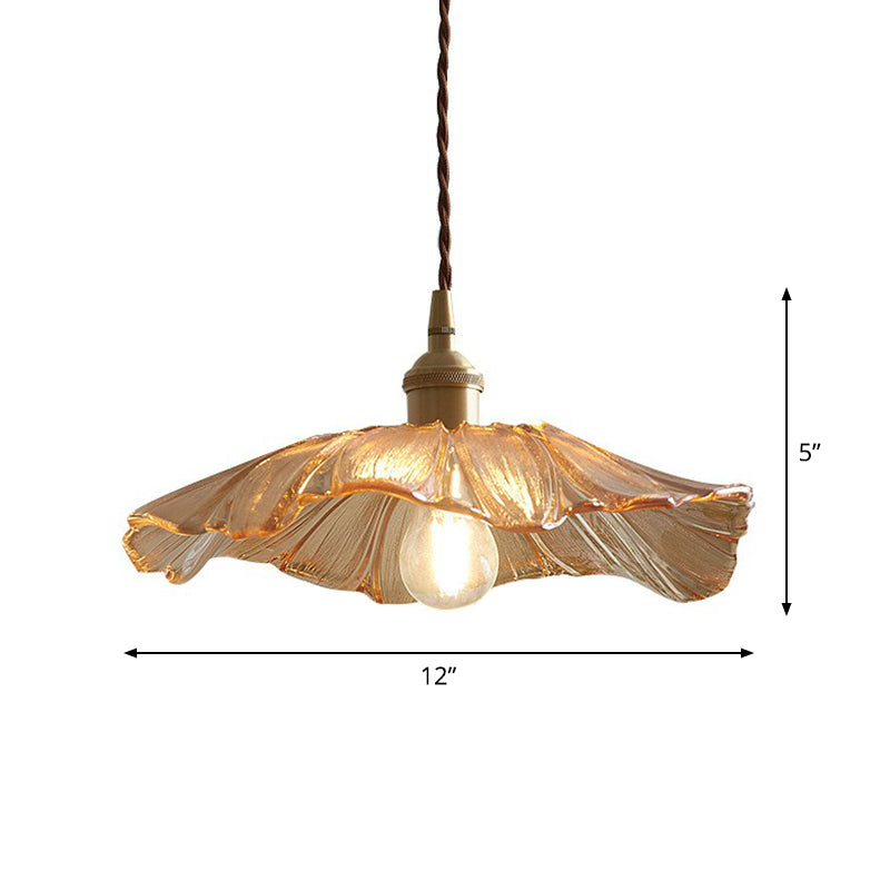 Antique Floral Pendant Light 1-Light Ruffle Glass Hanging Light Fixture for Restaurant Amber Clearhalo 'Ceiling Lights' 'Glass shade' 'Glass' 'Industrial Pendants' 'Industrial' 'Middle Century Pendants' 'Pendant Lights' 'Pendants' 'Tiffany' Lighting' 2290053