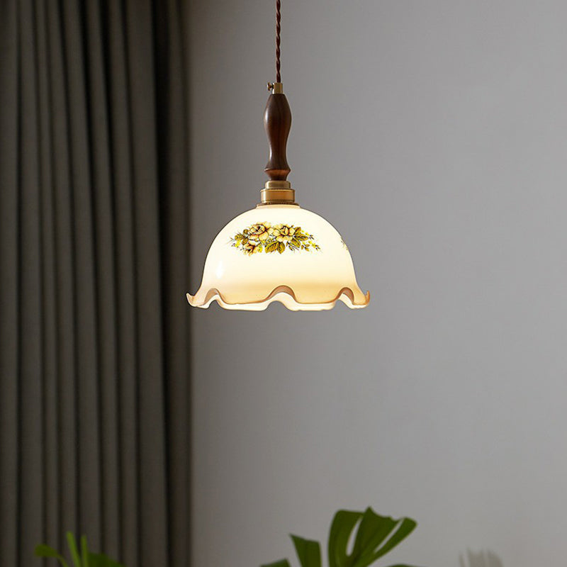 Ruffle Edge Cream Glass Suspension Lighting Retro Style 1��Head Dining Room Pendant Ceiling Light Cream B Clearhalo 'Ceiling Lights' 'Glass shade' 'Glass' 'Industrial Pendants' 'Industrial' 'Middle Century Pendants' 'Pendant Lights' 'Pendants' 'Tiffany' Lighting' 2290073