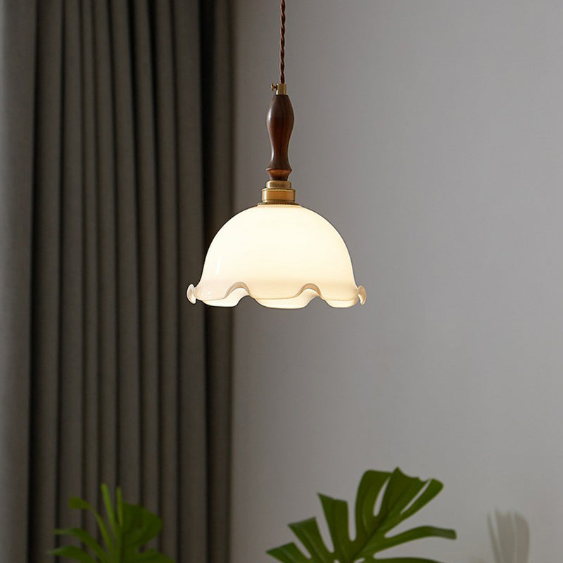 Ruffle Edge Cream Glass Suspension Lighting Retro Style 1��Head Dining Room Pendant Ceiling Light Cream A Clearhalo 'Ceiling Lights' 'Glass shade' 'Glass' 'Industrial Pendants' 'Industrial' 'Middle Century Pendants' 'Pendant Lights' 'Pendants' 'Tiffany' Lighting' 2290075