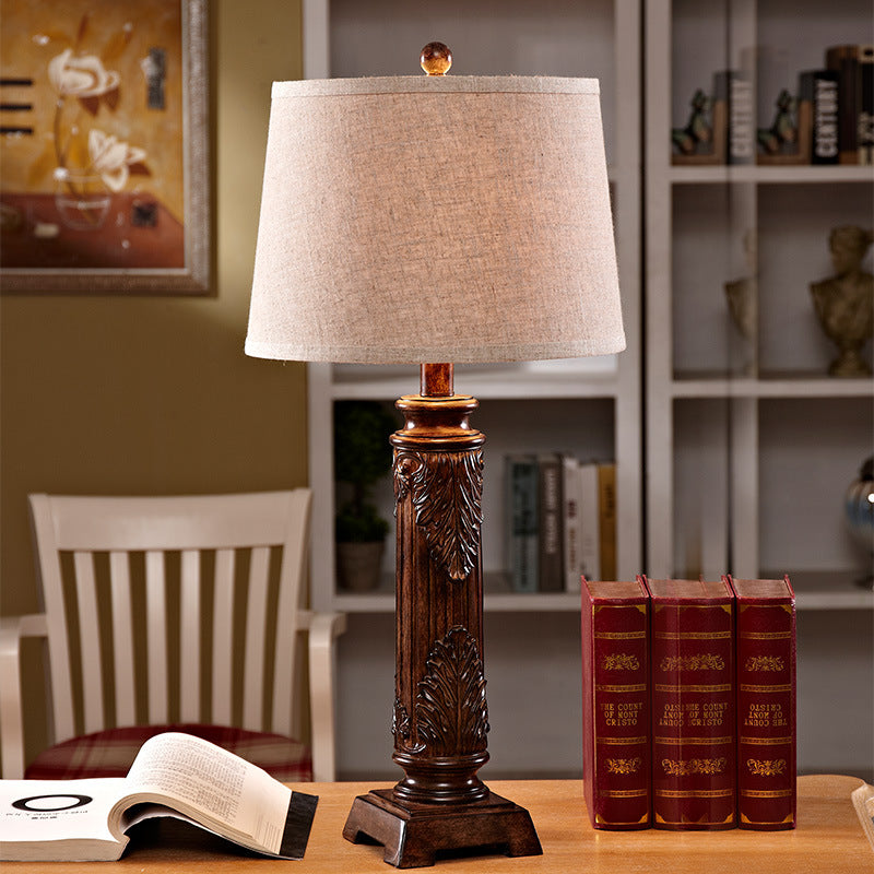 1 Light Resin Table Lamp Vintage Brown Carved Base Study Room Night Table Lamp with Tapered Fabric Shade Clearhalo 'Lamps' 'Table Lamps' Lighting' 229011