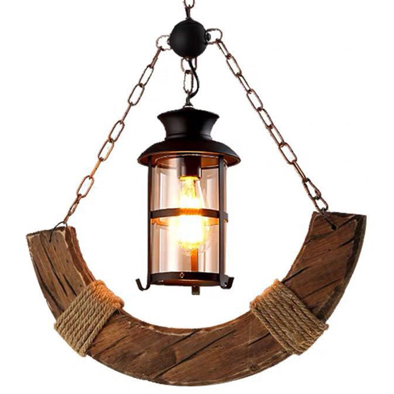 Clear Glass Cylinder Hanging Light Nautical Single Bar Pendant Lighting with Arc Wooden Decoration Clearhalo 'Ceiling Lights' 'Industrial Pendants' 'Industrial' 'Middle Century Pendants' 'Pendant Lights' 'Pendants' 'Tiffany' Lighting' 2290119