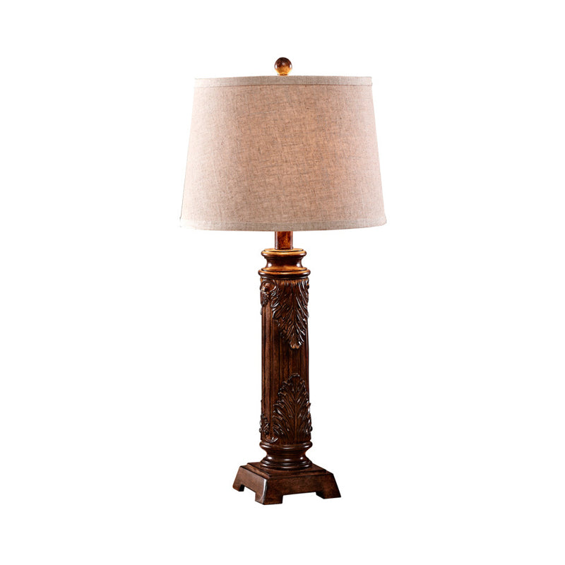 1 Light Resin Table Lamp Vintage Brown Carved Base Study Room Night Table Lamp with Tapered Fabric Shade Clearhalo 'Lamps' 'Table Lamps' Lighting' 229012