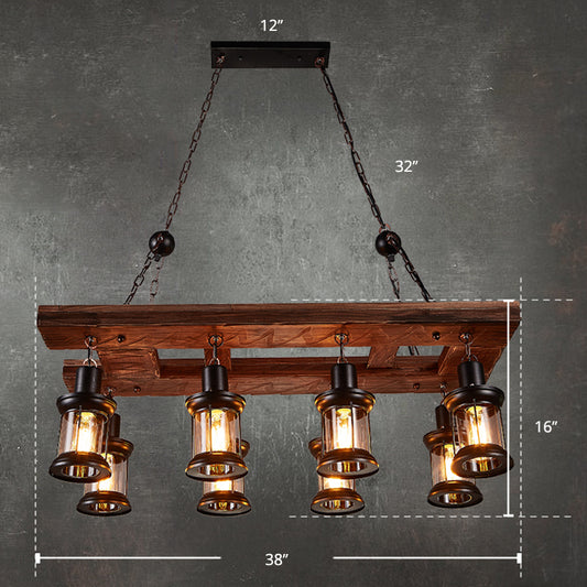 Wood 8-Light Island Ceiling Light Farmhouse Clear Glass Lantern Suspended Lighting Fixture Wood Clearhalo 'Ceiling Lights' 'Island Lights' Lighting' 2290126