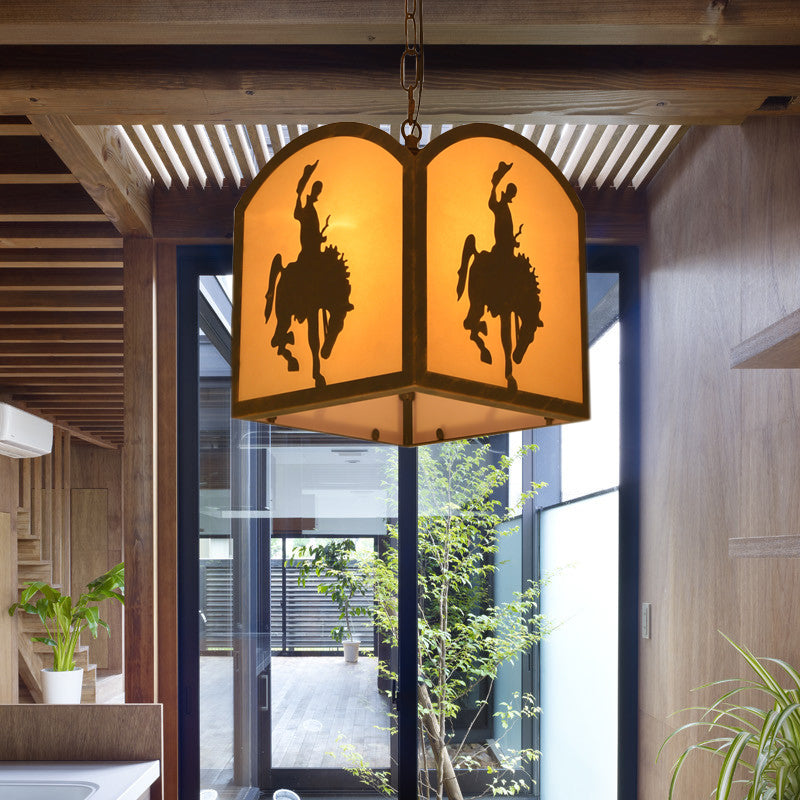 Square Pendant Lighting Metal Vintage 1 Bulb Restaurant Hanging Light Kit in Rust with Horse Pattern Clearhalo 'Ceiling Lights' 'Pendant Lights' 'Pendants' Lighting' 229016