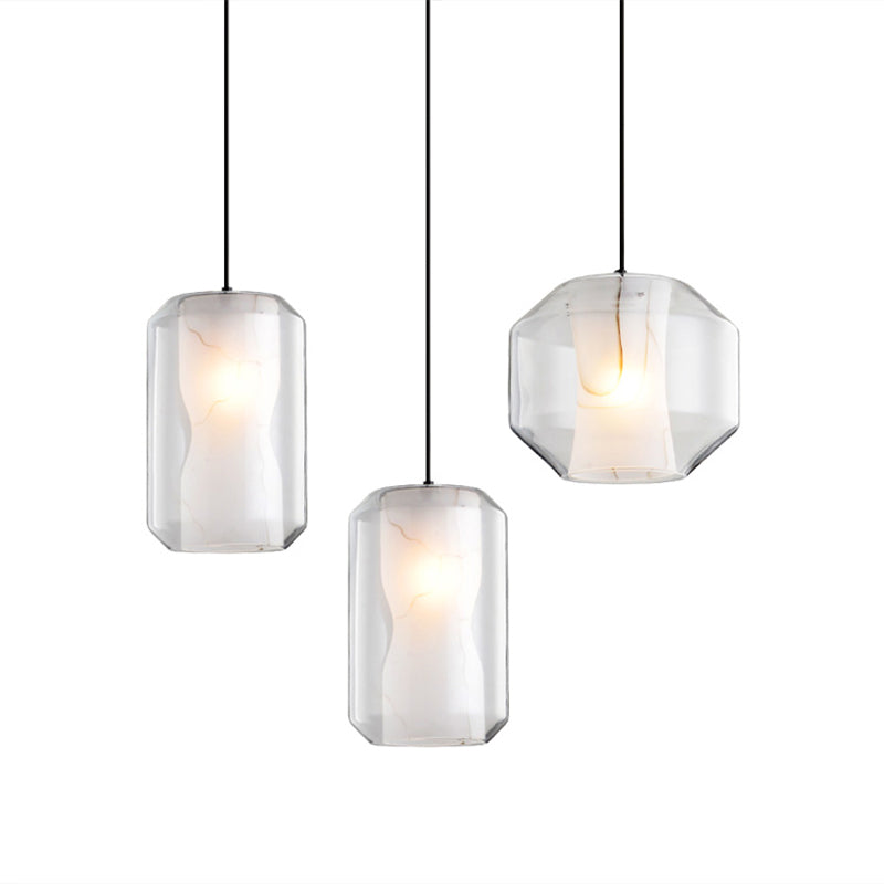 Cylinder Pendant Lighting Simple Clear Glass 1-Light Dining Room Ceiling Light with White Marble Shade Inside Clearhalo 'Ceiling Lights' 'Glass shade' 'Glass' 'Modern Pendants' 'Modern' 'Pendant Lights' 'Pendants' Lighting' 2290402