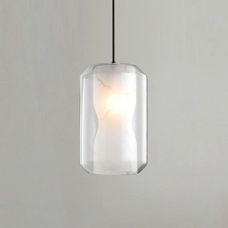 Cylinder Pendant Lighting Simple Clear Glass 1-Light Dining Room Ceiling Light with White Marble Shade Inside White Clearhalo 'Ceiling Lights' 'Glass shade' 'Glass' 'Modern Pendants' 'Modern' 'Pendant Lights' 'Pendants' Lighting' 2290404