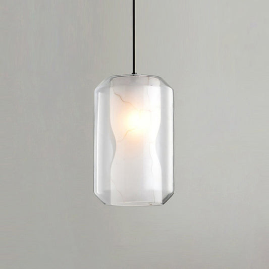 Cylinder Pendant Lighting Simple Clear Glass 1-Light Dining Room Ceiling Light with White Marble Shade Inside White Clearhalo 'Ceiling Lights' 'Glass shade' 'Glass' 'Modern Pendants' 'Modern' 'Pendant Lights' 'Pendants' Lighting' 2290404