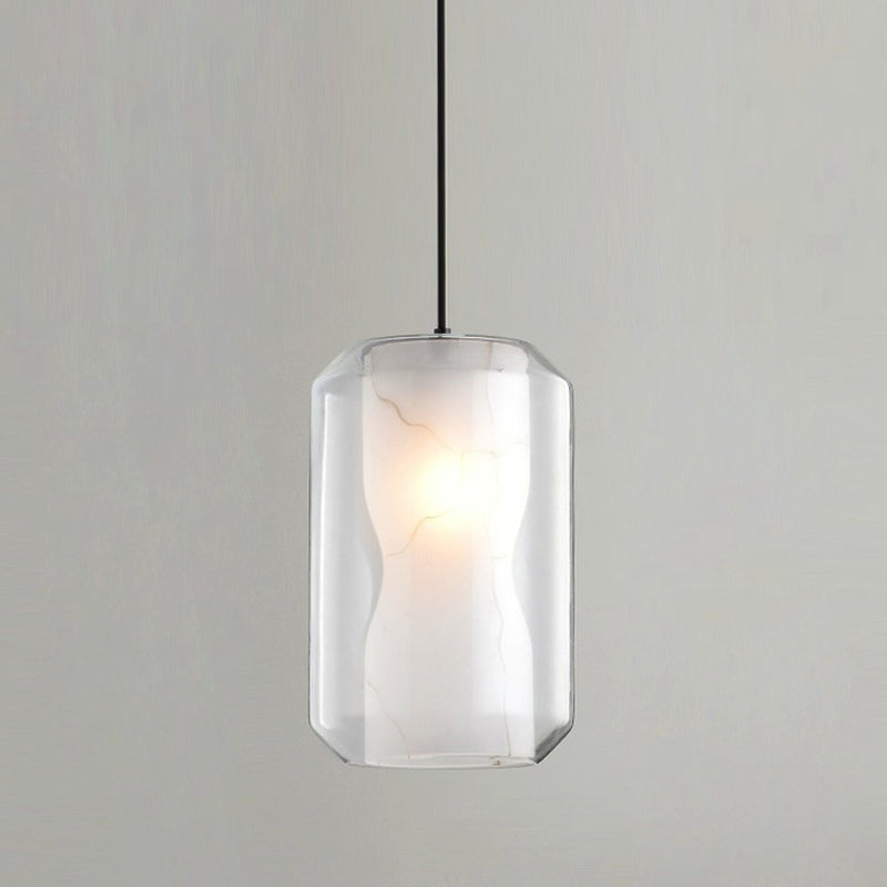 Cylinder Pendant Lighting Simple Clear Glass 1-Light Dining Room Ceiling Light with White Marble Shade Inside Clearhalo 'Ceiling Lights' 'Glass shade' 'Glass' 'Modern Pendants' 'Modern' 'Pendant Lights' 'Pendants' Lighting' 2290405