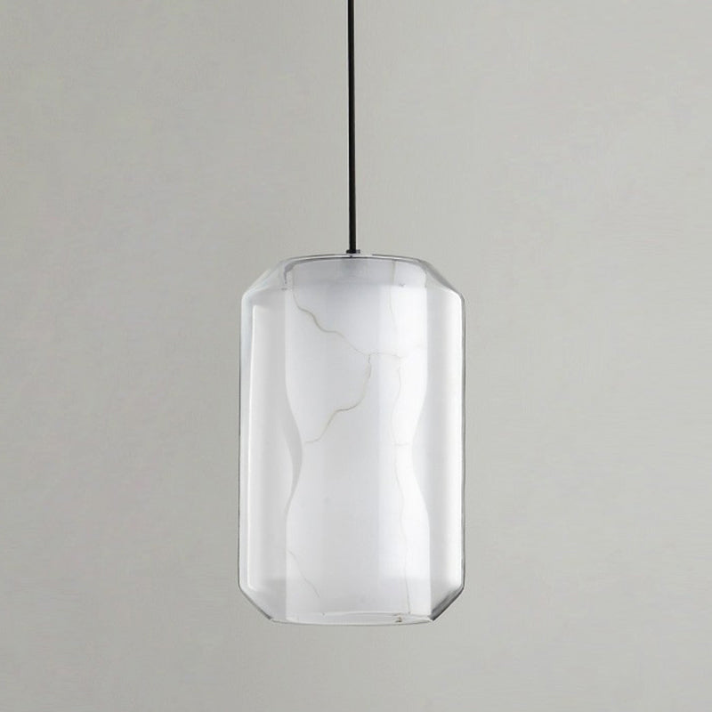 Cylinder Pendant Lighting Simple Clear Glass 1-Light Dining Room Ceiling Light with White Marble Shade Inside Clearhalo 'Ceiling Lights' 'Glass shade' 'Glass' 'Modern Pendants' 'Modern' 'Pendant Lights' 'Pendants' Lighting' 2290406