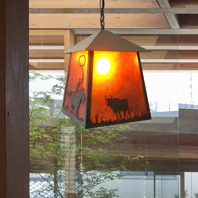 Country Trapezoid Hanging Ceiling Light 1 Light Metal Pendant Lighting in Rust with Animals Pattern Clearhalo 'Ceiling Lights' 'Pendant Lights' 'Pendants' Lighting' 229047