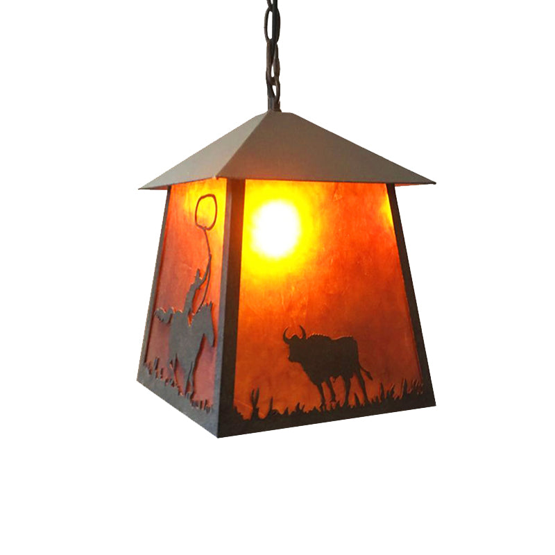 Country Trapezoid Hanging Ceiling Light 1 Light Metal Pendant Lighting in Rust with Animals Pattern Clearhalo 'Ceiling Lights' 'Pendant Lights' 'Pendants' Lighting' 229048