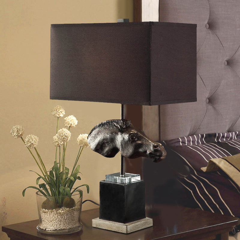 Metal Rectangle Table Light Traditional 1 Light Bedroom Task Lighting in Brown with Fabric Shade and Horse Head Brown Clearhalo 'Lamps' 'Table Lamps' Lighting' 229091