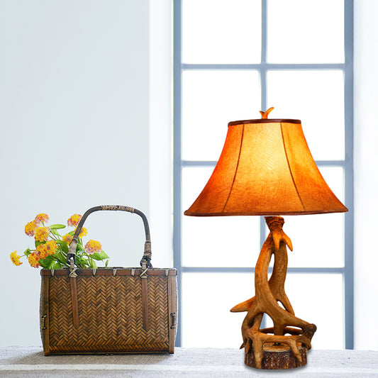 1 Light Barrel Desk Lamp Traditional Wood Fabric Task Lighting for Bedroom with Antler Accents Wood Clearhalo 'Lamps' 'Table Lamps' Lighting' 229141